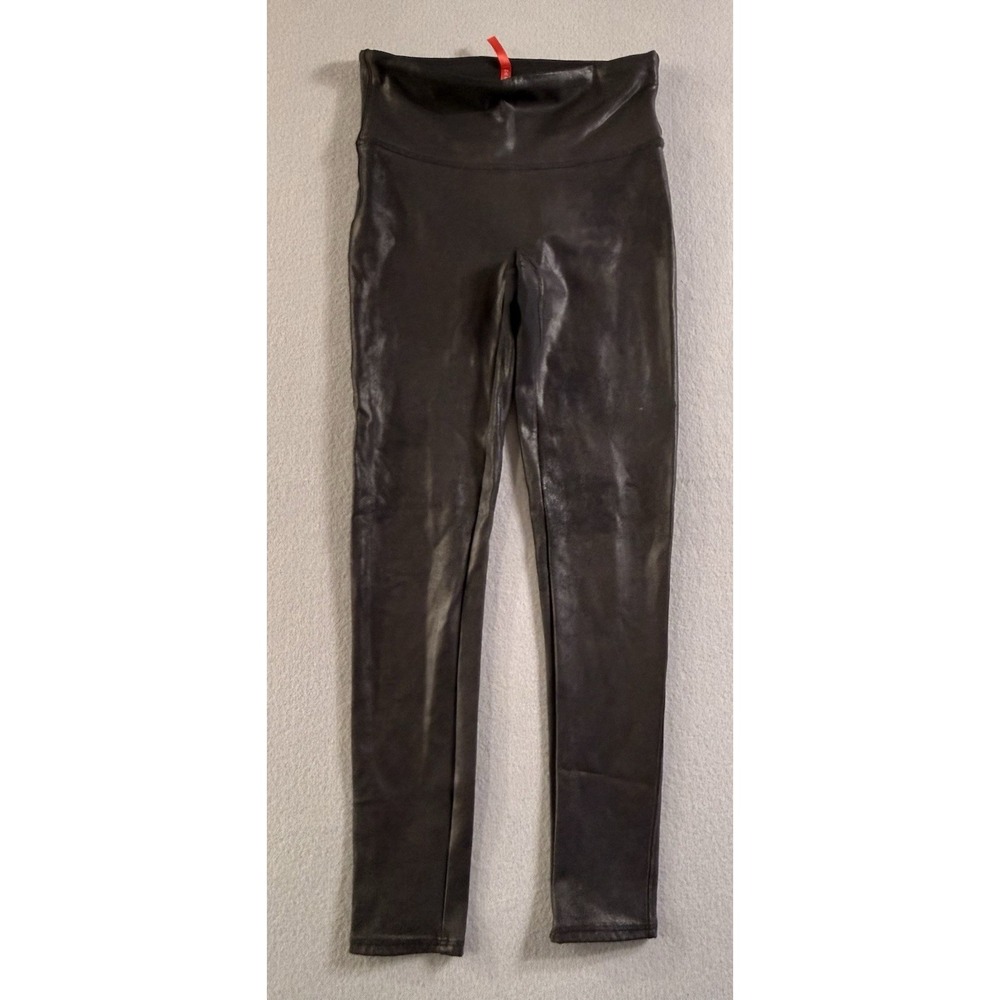 Spanx Black Faux Leather Leggings Women Regular Size M Solid Shiny Biker Moto